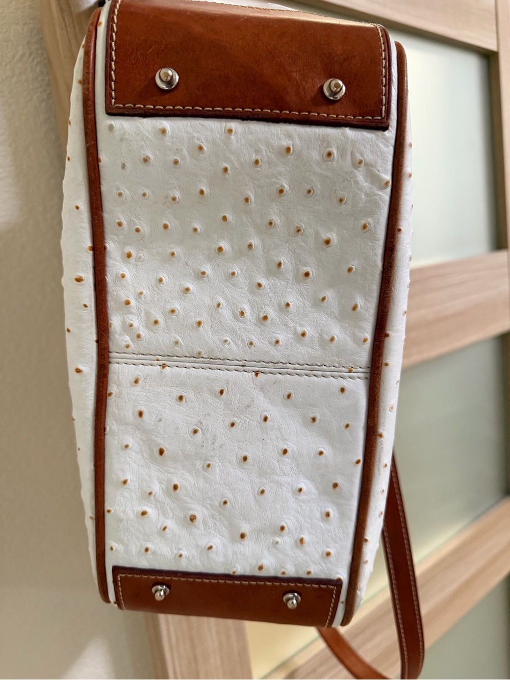 Dooney & Bourke White Ostrich-Texture Satchel with Brown Leather Trim - Picture 5 of 7